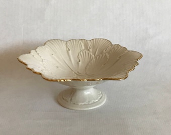Vintage 1970s LENOX Arbor Collection Candy DISH, 6 Sided Footed/Pedestal Snack Dish/Compote, Embossed Leaves, made in USA, gold trim, marked