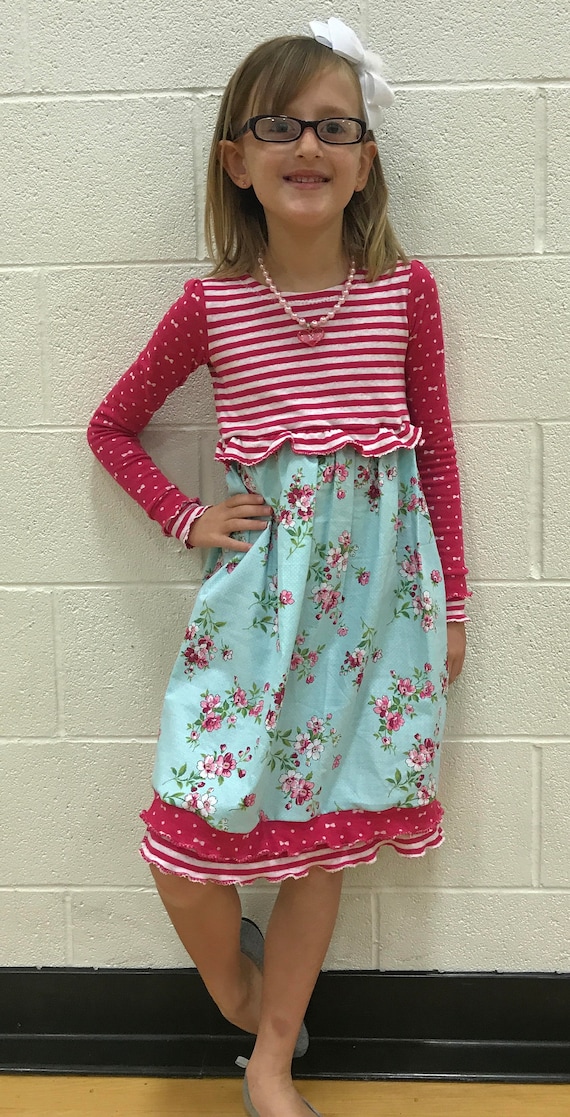 Girls dress,girls knit dress,girls fall dress,girls winter dress,girls pink flowered dress,polka dot dress,aqua and pink,striped dress