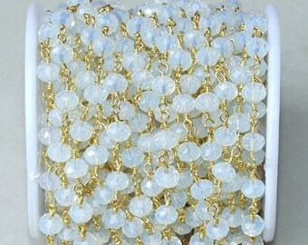 Clear Opal AB Glass Faceted Rondelle Bead Rosary Chain - Shiny Gold Plated Wire Wrapped Rosary Chain. 5mm x 6mm Bead - Sold by the Foot