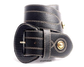 Vintage Belt Wide Black Leather Waist Cincher Cinch Gold Buckle Small