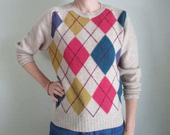 Vintage Benetton Sweater Argyle Sweater Vintage Wool Sweater Beige Pink Yellow Turquoise Crew Neck 80s Preppy Sweater 80s Benetton Sweater