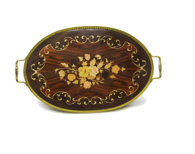 Large Marquetry Inlaid Wood & Brass Serving Tray with Flowers - Vintage Mid Century - Made in Italy - Mad Men Decor