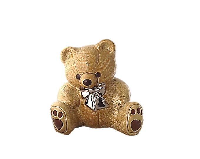 Wade Pottery Teddy Bear Ceramic Bank | Light Brown and Silver Bow Tie
