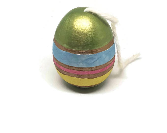 Art Deco Hand Painted Pysanky Style Easter Egg / Vintage Ceramic Egg / Colorful Easter Ornament / Green, Blue, Gold, Yellow and Pink Egg