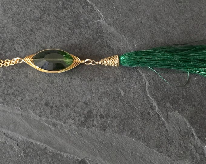 Green Tassel Gold Necklace, Long Tassel Necklace, Wire wrapping gold necklace, Green Gold Necklace
