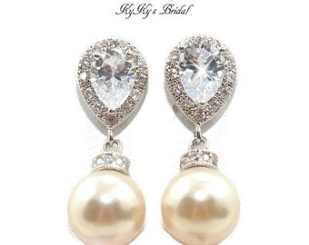 Teardrop Earrings Pearl Drop Earrings, CZ Earrings, Bridal Jewelry, Pearl Earrings, Cubic Zirconia Earrings, Wedding Jewelry, Bride Bling