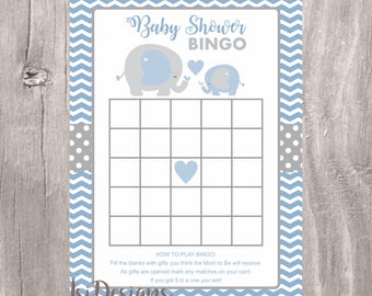 Blue elephant baby shower bingo, blue and gray printable baby shower bingo cards, Instant Download, printable elephants baby shower game