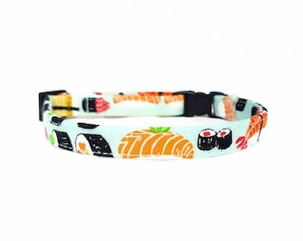 Cat Collar -"Sushi" - Safety Buckle/Breakaway - Light Blue Cat Collar - 100% Cotton Fabric with Webbing Core - Soft/Sturdy - Fun Cat Collar