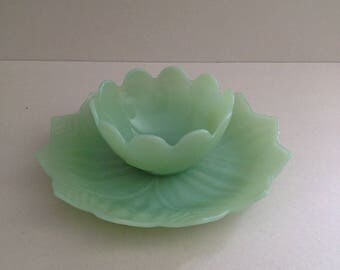 Vintage Fire-King, Jade-ite or Jadeite, Lotus Blossom Bowl, Lotus Leaf Plate, Is From 1950s, Is a Two-Piece Set, Made by Anchor Hocking