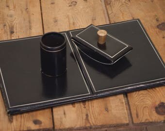 Black Leather 3 Piece Vintage English Desk Set, Leather Desk Set-Desk Blotter-Pen Holder-Ink Blotter,Birthday / Christmas / Anniversary Gift