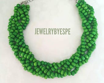 Rustic Green Necklace, Statement Necklace, Green Wedding Beach Jewelry , Choker Multi Strand Necklace, Boho, Tribal summer jewelry
