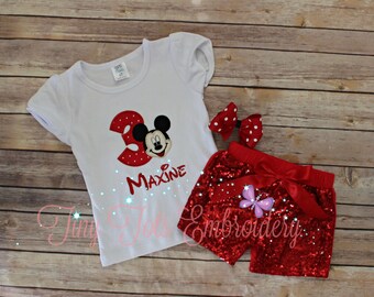 Mickey Mouse Birthday Outfit ~ Mickey Mouse Outfit ~ Includes Top, Sequin Shorts and Hair,Bow ~ Customize in any colors!