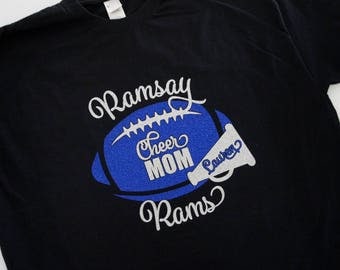 Cheer Mom Shirt with Megaphone and Cheerleader name, Long Sleeve, Hoodie, Sweatshirt - customize for team name (Ramsay Rams shown). Glitter