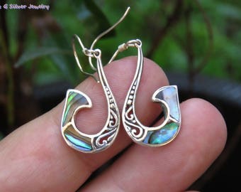Sterling Silver Tribal Maori Design Paua Shell Earrings ER-873-DG