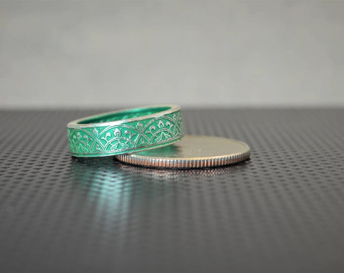 Moroccan Coin Ring, Green Coin Ring, Stained Glass Ring, Green Ring, Coin Art, Morocco, Silver Coin Ring, Moroccan Art, Boho Ring, Green