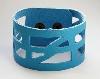 Blue Leather "Self_Empowering" Wrist band. Reclaimed Leather Cuff Bracelet