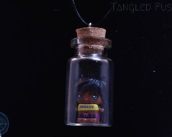 Quirky Glass Vial Necklace with MixieQ Figurine on Leather