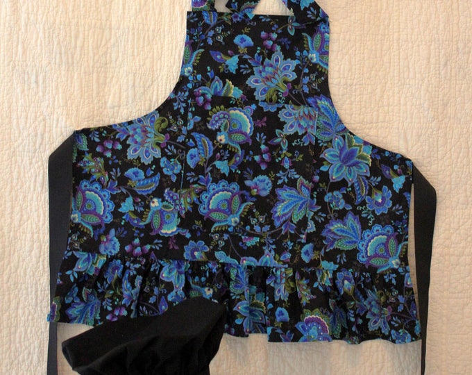 Girls Black Frilly Ruffled Apron in Blue and Purple Paisley Print. Roomy Pocket. Girls Chef Apron. Ruffled Baking Apron for Ages 4-8