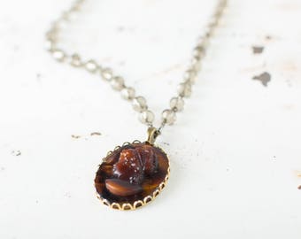 Vintage Brown Tortoise Shell Cameo Necklace