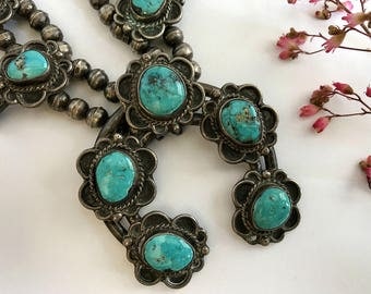 Vintage Squash Blossom Necklace. Morenci Turquoise. Navajo. Vintage Jewelry. Southwestern Jewelry