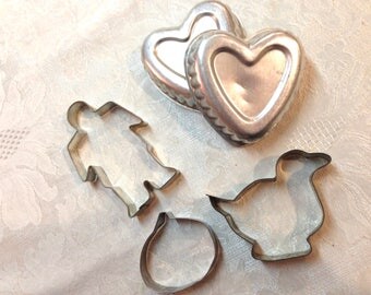 Antique Tin Jello Moulds Cookie Cutters Man Pumpkin Duck