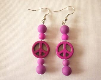 Earrings Pearl peace and love and purple beads.