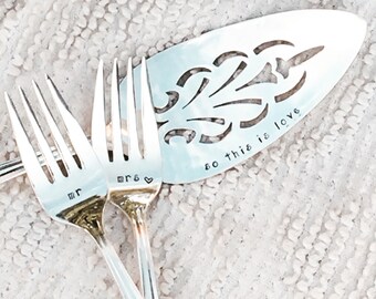 hand stamped wedding forks and cake server, Cinderella wedding