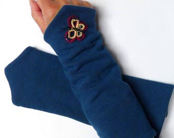 Fingerless gloves arm warmers blue Jersey with butterfly