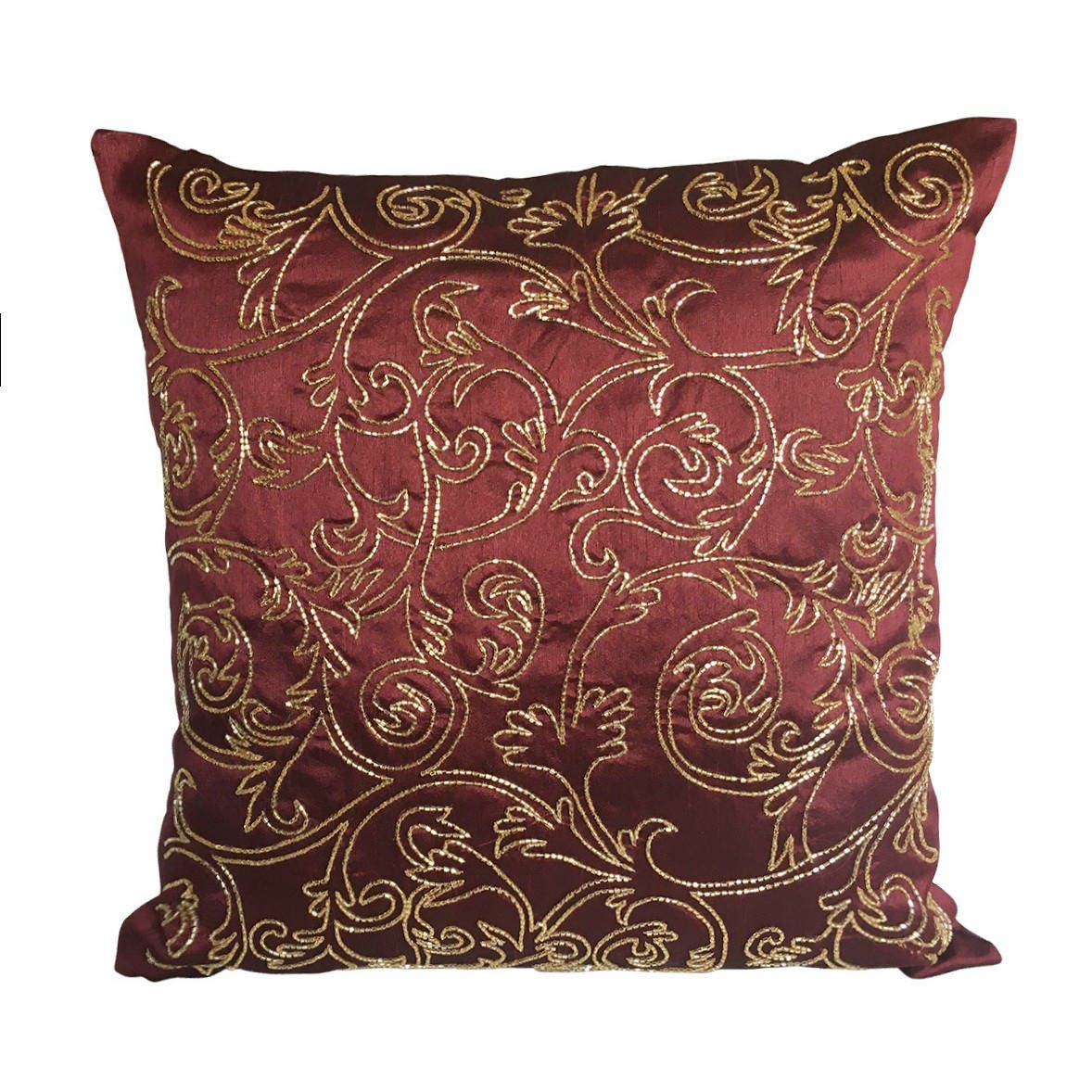 Burgundy Pillow Cover Beaded With Gold Glass Beads Floral
