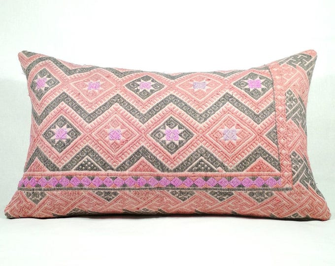 20% OFF SALE Vintage Chinese Wedding Blanket Pillow Cover / Boho Ethnic Miao Dowry Textile / Handwoven Lumbar Cushion Cover
