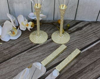 FAST SHIPPING!! Gold Swarovski Crystal Wedding toast Set, Champagne Glasses, Weeding Toasting flutes, Cake Knife and Server Set