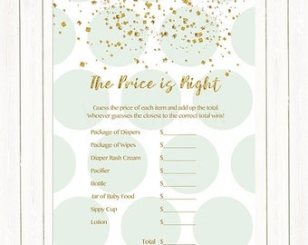 20% OFF Mint Green and Gold Confetti Price is Right Baby Shower Game, The Price is Right Baby Shower Game, Mint Dots Instant Download PDF Pr
