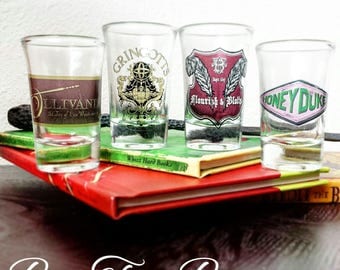Hogsmeade and Diagon Alley Shops Shot Glasses | Harry Potter | Ollivander's | Gringotts | Flourish & Blotts | Honeydukes