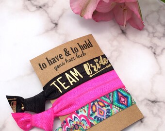 Bachelorette Party Hair Ties - Team Bride Set of 3 Hair Ties - Hot Pink, Black and Gold, Bach Please, Custom Will You Be My Bridesmaid Gift