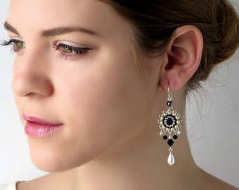 Black white earring, Silver chandelier earrings, Long silver earrings, Statement earrings, Drop earrings silver, White black earrings