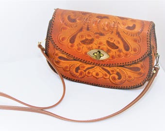 Hand Tooled Leather Purse, Shoulder Bag Vintage, Tooled Leather Bag, Floral Tooled Leather Shoulder Bag