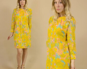 Vintage 1960s Soft Creamsicle, Pink & Turquoise Hippie Mod, Psychelelic Floral Mini, Shift Dress