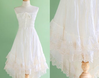 Boho Summer Strapless Dress, Beach Wedding Dress, Smocked Asymmetrical Gypsy Bridesmaid Dress, Short Cocktail Dress, off - White