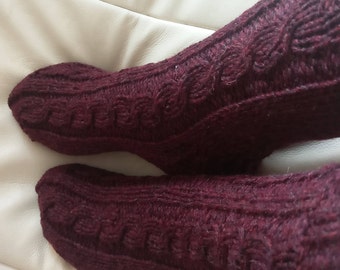 Purple hand knit socks, burgundy angora bed socks, sheep wool middle thick slippers,UK from 4 to 11, US 5-12.