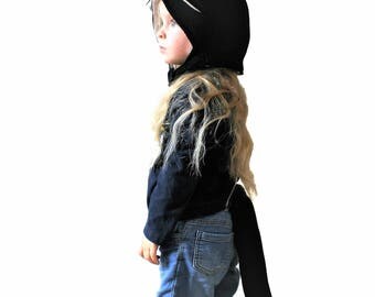 Child's Cat Costume, Black Cat Hood AND Tail, Kid's Halloween Costume, Black Cat Outfit, Black Cat Ears, Toddler Gift, Kid's Birthday Gift