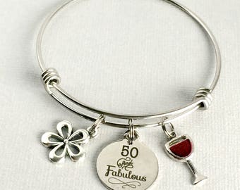 50th Birthday Charm Bangle, 50 and Fabulous Bracelet, 50th Birthday Gift, Friend Birthday Gift, 50th Birthday Jewelry, BDY001