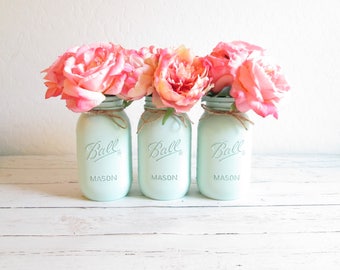 Mint Green Mason Jars - Mint Centerpiece - Mason Jar Decor - Painted Mason Jars - Mint Green Wedding Decor - Mint Flower Vases
