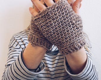 Items similar to Crochet Fingerless Gloves Taupe Mittens 