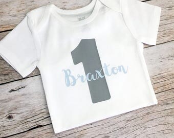 Gray and Blue First Birthday Shirt for Boy with Name (Customizeable Colors), Baby Boy First Birthday Outfit, Cake Smash Outfit Boy