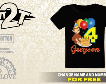 Curious George Custom T-Shirt, Custom Name and Number 1st 2nd 3rd 4th 5th 6th 7th Birthday 2T,3T,4T,5T,6T,7T, Custom birthday shirt