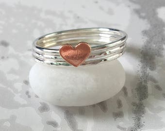 Sterling Silver Stacking Rings, Set of Three Rings, Stacking Rings Set, Silver Ring with a Copper Heart, Copper Heart Ring, Mixed Metal Ring