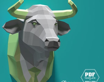 Faux Taxidermy Cow, Papercraft Bull, Pdf Kit, 3D DIY Bull Head, DIY Paper Sculpture, 3D Puzzle DIY, Low Poly Cattle, Taurus, Bull in a Suit