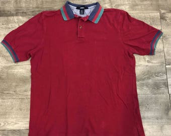 Vintage 80s 90s Lands End Red Blue Teal Striped Collar Accents Short Sleeve Polo Shirt Vintage 80s 90s Lands End Red Blue Teal Striped Collar Accents Short Sleeve Polo Shirt