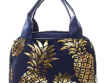 Embroidered Navy with Gold Pineapple Lunch Bag-Personalized Lunch Bag-Monogram Lunch Bag-Monogrammed Lunch Bag-Embroidered Lunch Bag