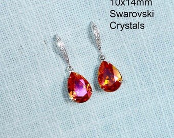 Handmade Small Swarovski Tangerine Astral Pink Crystal Teardrop Dangle Earrings, Bridal, Wedding (Sparkle-2768)